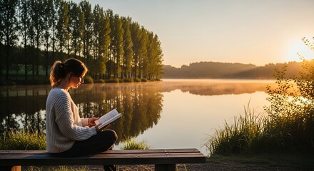 A serene moment unfolds as an individual sits peacefully on a rustic wooden bench by a tranquil lake at sunrise or sunset. The warm, golden light bathes the scene, highlighting the person absorbed in 