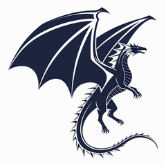 Majestic dark blue dragon silhouette spreading its powerful wings in mid flight against a clean white background