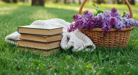 A serene outdoor scene unfolds on lush green grass, sparkling with delicate dew drops, creating a soft, inviting foreground bokeh. A cozy, textured knitted blanket is draped gently beside a stack of t