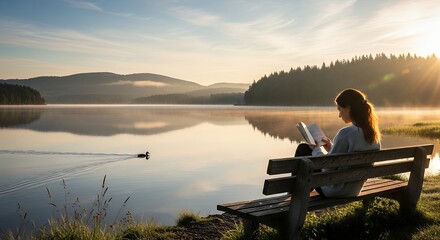 A serene morning unfolds as a person sits on a rustic wooden bench by a tranquil lake, deeply engrossed in reading a book. Golden sunlight streams through the distant trees, casting a warm, ethereal g