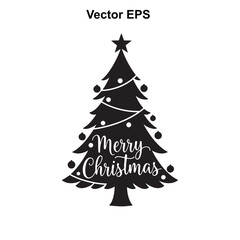 Fototapeta premium Vector art of black silhouette of a christmas tree with ornaments and text merry christmas