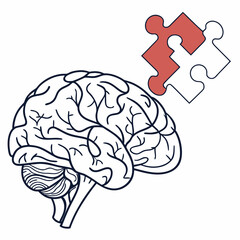 Conceptual illustration of the human brain with a missing puzzle piece symbolizing memory loss cognitive function or a mental health challenge