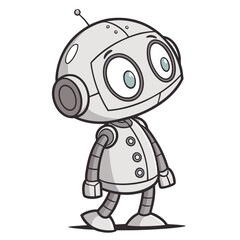 Adorable cartoon robot with big curious eyes and a friendly expression walking forward with a slight tilt of its head and a single antenna on its head