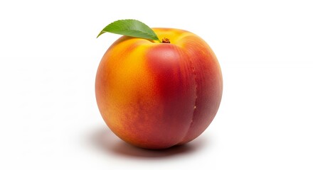 A single, perfectly ripe peach, adorned with a vibrant green leaf, stands gracefully isolated against a pristine white background. Its smooth skin transitions beautifully from a rich, deep red to a wa