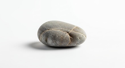 A single, smooth, grey natural stone rests peacefully on a pristine white background, highlighting its unique weathered texture and subtle patterns. Soft, clean studio lighting creates a delicate shad
