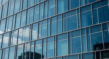 A sleek, modern glass facade features a precise geometric grid of blue-tinted windows. Dynamic reflections of the bright sky and clouds add visual interest, creating an abstract and contemporary feel.