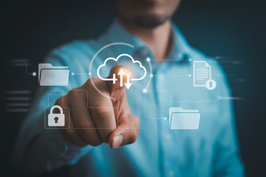 Cloud computing technology concept man touching cloud icon for data storage and security online 100