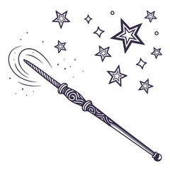 Whimsical hand drawn illustration of a magical wand emitting a swirl of light and sparkling stars against a clean white background