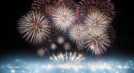 A spectacular display of bright white and golden fireworks illuminates the dark night sky, creating a vibrant and breathtaking scene. The festive bursts evoke strong feelings of joy, excitement, and c