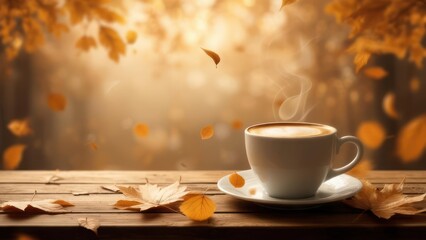 Steaming coffee cup on a rustic wooden table with falling autumn leaves and warm bokeh background.
