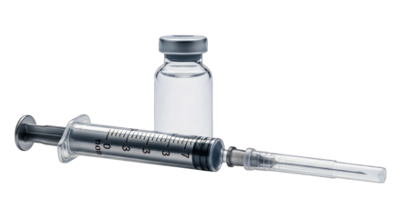 Close-up of a hypodermic syringe and a clear glass medicine vial on a dark background