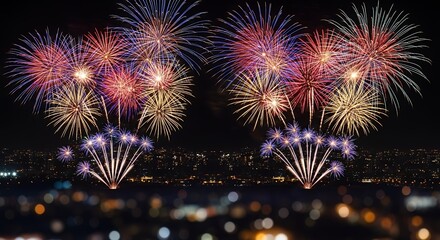 A spectacular night sky bursts with vibrant, colorful fireworks, creating a dazzling display of light and motion. Brilliant reds, blues, and golden hues explode in dynamic patterns above a softly blur