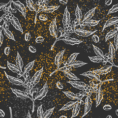 Seamless pattern with coffee tree branches with leaves and beans. Coffee grains in graphic style hand drawn. Retro style.
