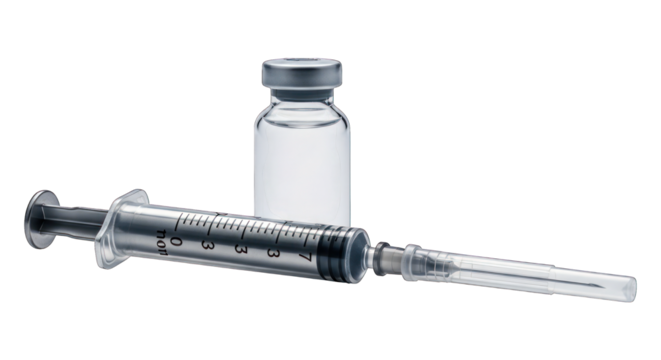 Close-up of a hypodermic syringe and a clear glass medicine vial on a dark background