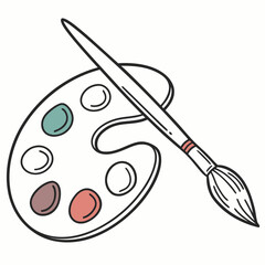 A simple hand drawn illustration of an artist s palette with colorful paint blobs and a paintbrush resting on it