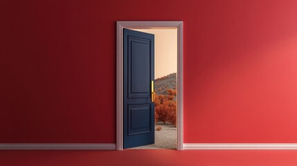 An open door framed by vibrant red walls leads to an autumn landscape with orange and yellow foliage under a clear sky,