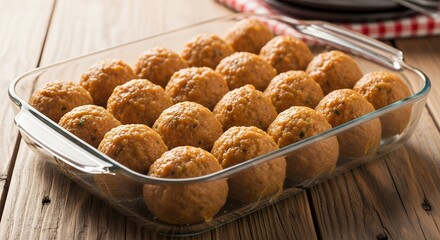 A tempting array of freshly prepared, round savory food items fills a clear glass baking dish, resting on a warm, rustic wooden surface. The golden-brown pieces, possibly seasoned with herbs or spices