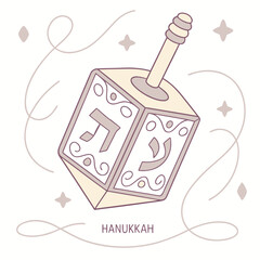 A charming and whimsical illustration of a dreidel adorned with decorative swirls and hebrew letters set against a light background with subtle star and diamond accents and flowing lines