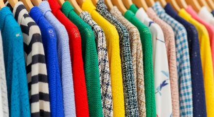 A vibrant and diverse collection of colorful garments hangs neatly on wooden hangers, showcasing an array of textures, patterns, and hues. From soft knitted sweaters in shades of blue and red to intri