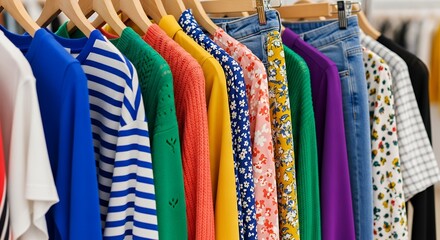 A vibrant and diverse collection of clothing items hangs neatly on wooden hangers, showcasing a rich tapestry of colors, patterns, and textures. This close-up view captures an inviting array of modern