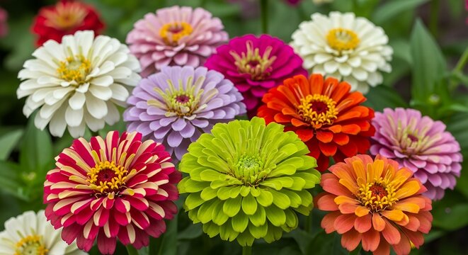 A vibrant and colorful close-up shot of numerous blooming garden flowers fills the frame, showcasing a rich tapestry of hues including bright white, soft pink, delicate lavender, intense fuchsia, fier