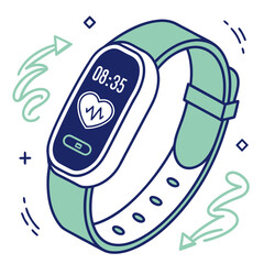 Stylized illustration of a modern fitness tracker watch displaying time and heart rate with decorative arrows and symbols on a white background
