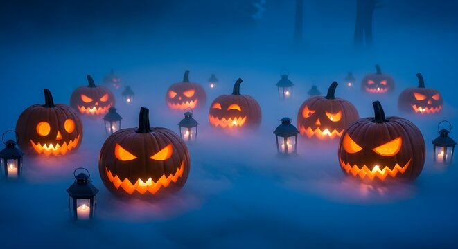 Spooky Halloween night scene with glowing jack-o'-lanterns and lanterns in eerie fog creating a chilling festive atmosphere for holiday designs