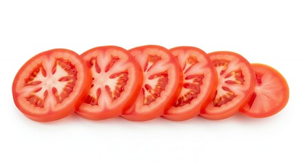 A vibrant, close-up studio shot features perfectly cut, fresh tomato slices arranged neatly in a row against a clean white background. Each translucent slice showcases its juicy red flesh, subtle skin