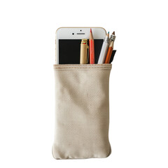 Stylish phone pouch holding mobile device and colorful pens on a simple background