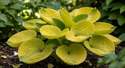 A vibrant cluster of broad, chartreuse-colored leaves with prominent, deeply textured veins emerges from dark, rich soil in a lush garden setting. The large, heart-shaped foliage exhibits a stunning g