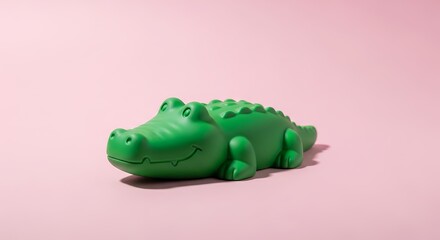 A vibrant green toy reptile, resembling a cheerful crocodile or alligator, lies peacefully on a clean, soft pastel pink background. This charming, cartoon-like plastic figure features a friendly, smil
