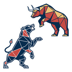 Stylized geometric bull and bear figures in a dynamic confrontation symbolizing market forces and financial trading concepts