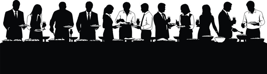 Business professionals at buffet table, corporate lunch event, formal gathering, food service line, social interaction, dining silhouette, black and white vector illustration