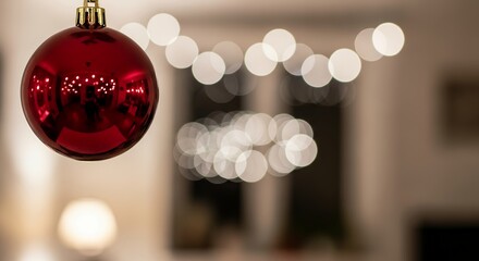 A vibrant red, glossy ornament hangs elegantly in the foreground, reflecting soft, blurred lights from the background. The rich color and sparkling highlights create a warm, festive, and inviting atmo