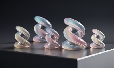 Group of abstract, twisting sculptures with iridescent colors on a reflective surface