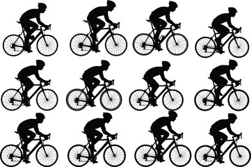 Cyclist silhouette vector, road bike illustration, racing posture, black icon set, sports activity design, seamless pattern, fitness concept, editable graphic