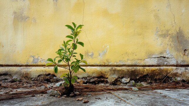 A small lush green plant stands before a weathered yellow wall with cracks and peeling paint, surrounded by dead leaves, - Powered by Adobe