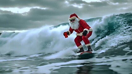A man in a santa suit riding a wave on a surfboard