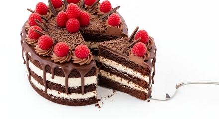 A visually stunning, decadent chocolate layer cake takes center stage, generously adorned with vibrant, fresh red raspberries, intricate chocolate shavings, and an elegant cascade of glossy chocolate 