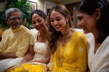 Diverse indian family gathering in traditional attire with smiling faces