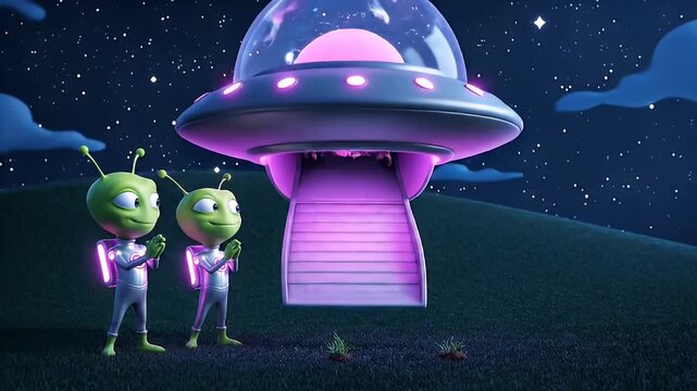cartoon aliens abducting cow with ufo at night