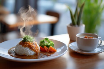 Steaming curry rice with vegetables and hot soup on wooden table