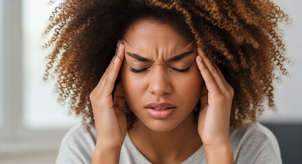 A young woman with expressive features and rich, curly hair is depicted feeling intense discomfort, likely a severe headache or migraine. Her eyes are closed, and her brow is deeply furrowed, revealin