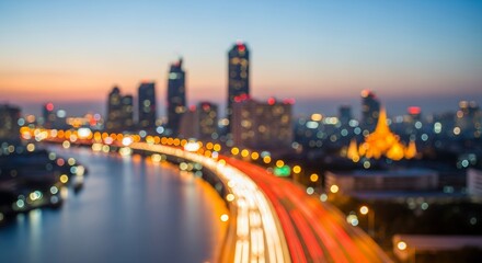 An abstract, blurred cityscape view at twilight or night, featuring a river flowing alongside a dynamic urban landscape. Vibrant light trails from moving vehicles streak across a bridge, contrasting w