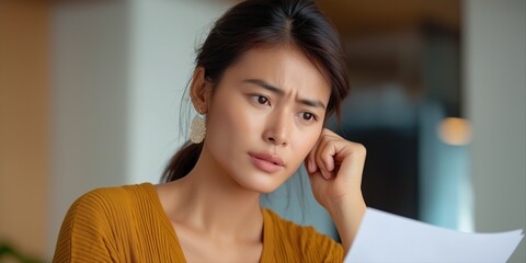 Young asian female adult analyzing document with concerned expression