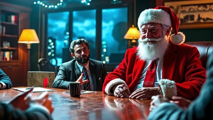 A man in a santa suit sitting at a table talking to two men