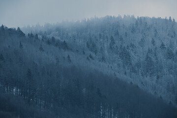 Late autumn and the beginning of winter in the mountain landscape, the first snow