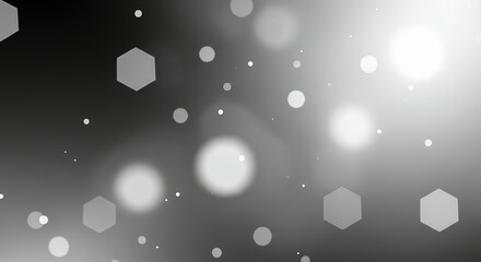 An elegant and modern abstract background features a shimmering gradient from deep black to bright white, filled with a dynamic array of bokeh lights. Various sizes of soft, out-of-focus circular and 