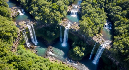 An breathtaking aerial view captures a series of majestic waterfalls cascading into pristine turquoise and deep blue pools, nestled within a vibrant, dense green forest. The scene evokes a sense of tr