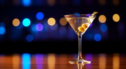 An elegantly presented clear cocktail, garnished with two green olives on a pick, stands prominently on a reflective wooden surface. The background features a vibrant array of defocused colorful light